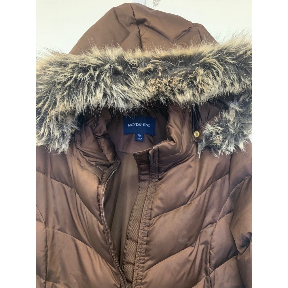 Lands End Womens XL 18 Brown Down Quilted Puffer Coat Faux Fur Hood Jacket - Picture 2 of 11